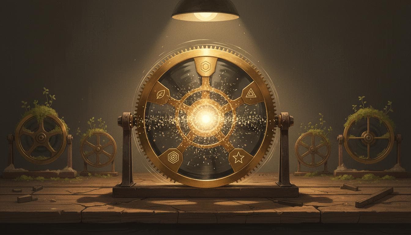 Ein Messing-Schwungrad auf einer Werkbank, beleuchtet von einer einzelnen Lampe, dreht sich schnell genug, um glühende Code-Partikel ins Zentrum zu ziehen. Fünf kleinere Schwungräder stehen ungenutzt im Hintergrund, verstauben und sind moosbewachsen.
