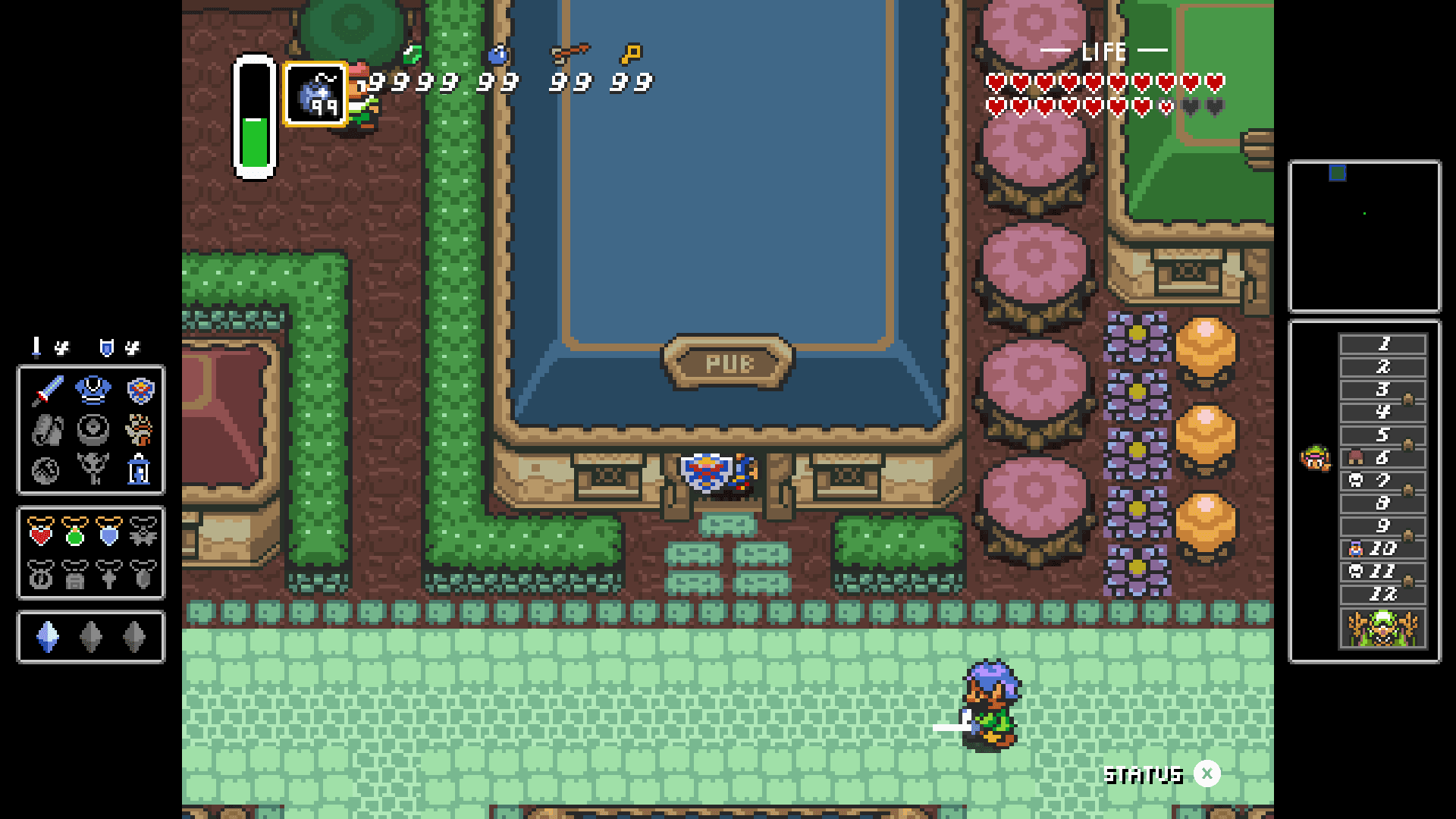 Dungeons of Infinity in 16:9. Links neben dem Dorf liegt die Ausrüstung, rechts stehen Karte und Etageninformationen.