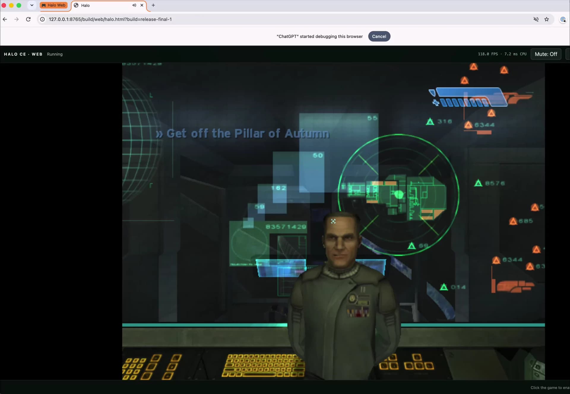 Captain Keyes auf der Pillar of Autumn in Halo, ausgeführt in Chrome. Tabs, Adresszeile und die Oberfläche von Halo CE Web sind sichtbar.