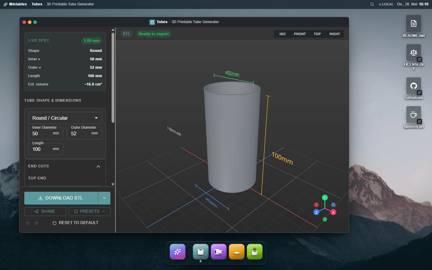Der Tubes-Generator als schwebendes Fenster. Linker Pane zeigt Controls für Innendurchmesser, Außendurchmesser, Länge, Endschnitte. Rechter Pane zeigt ein Live-3D-Render eines zylindrischen Rohrs mit Bemaßung in Millimetern.